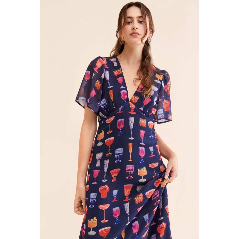Cocktail Novelty Print Tiki Lisa Says Gah Grace Dress Midi Flutter Sleeve S Navy - Picture 3 of 10